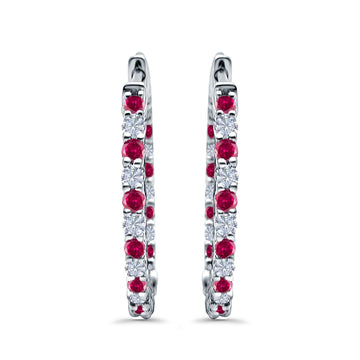Huggie Hoop Earrings Round Simulated Ruby CZ 925 Sterling Silver (14mm)